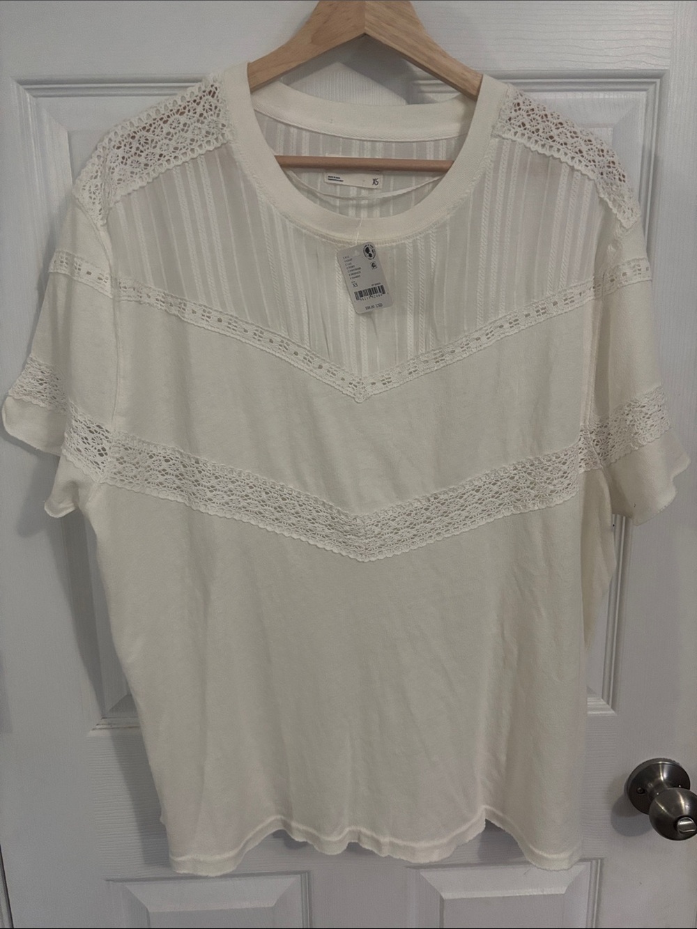 We The Free Ivory Lace-Trim Short Sleeve Tee
